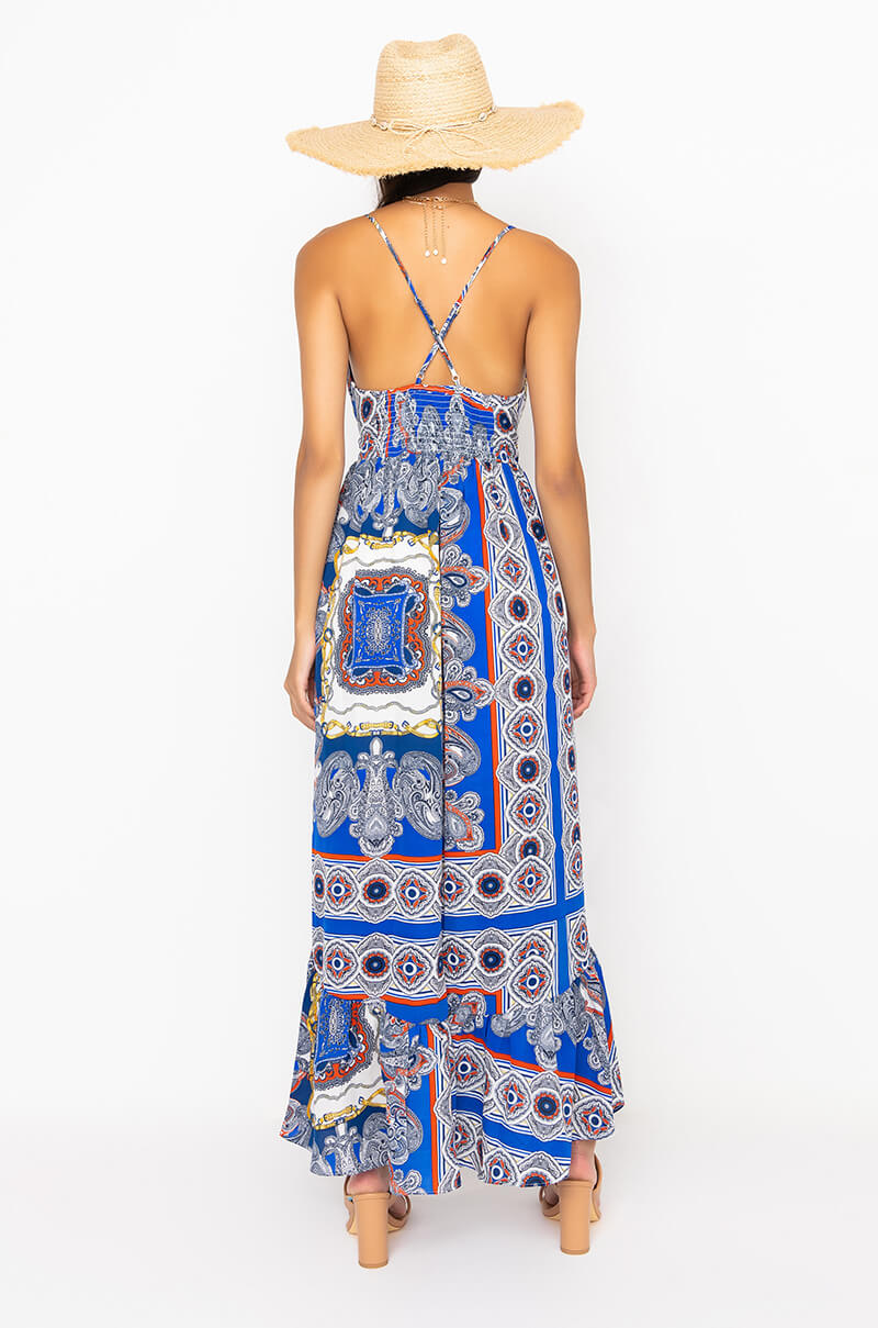 SAMMIE SCARF PRINT MAXI DRESS WITH CUT OUT