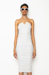 SAVE ME MIDI RUCHED HALTER TOP DRESS