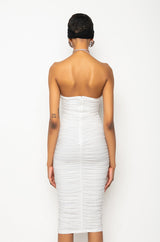 SAVE ME MIDI RUCHED HALTER TOP DRESS