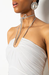 SAVE ME MIDI RUCHED HALTER TOP DRESS