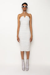 SAVE ME MIDI RUCHED HALTER TOP DRESS