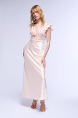 SAVING MYSELF FLOWER APPLIQUE LACE DETAIL SATIN MAXI DRESS