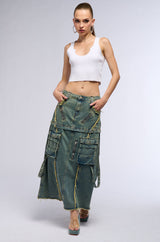 SAY IT AGAIN DISTRESSED MAXI DENIM SKIRT