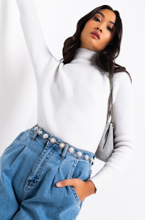 SAY MY NAME BACKLESS RHINESTONE CHAIN SWEATER