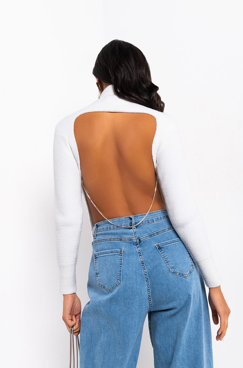 SAY MY NAME BACKLESS RHINESTONE CHAIN SWEATER