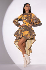 SCARF PRINT HIGH LOW LONG SLEEVE DRESS