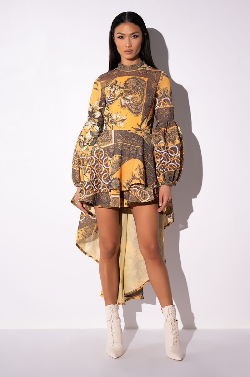 SCARF PRINT HIGH LOW LONG SLEEVE DRESS