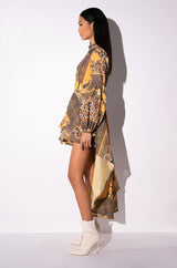 SCARF PRINT HIGH LOW LONG SLEEVE DRESS