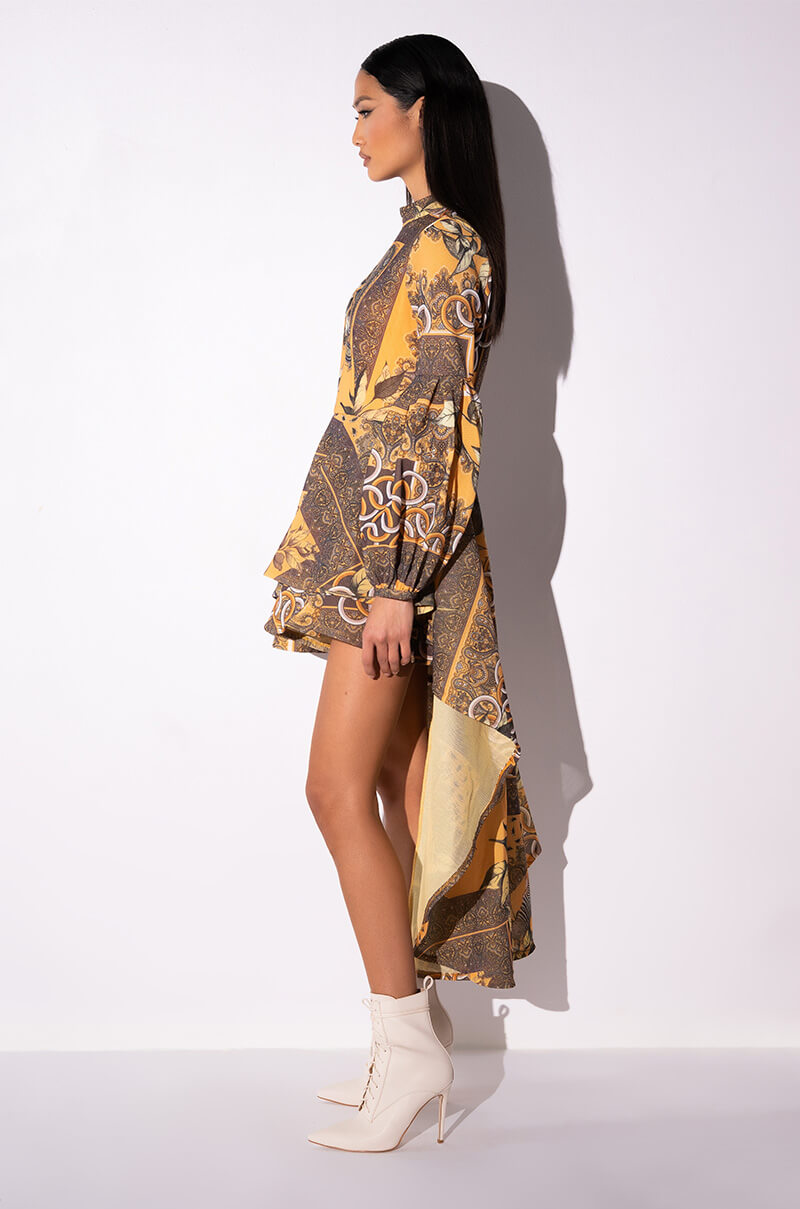 SCARF PRINT HIGH LOW LONG SLEEVE DRESS