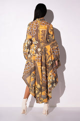 SCARF PRINT HIGH LOW LONG SLEEVE DRESS