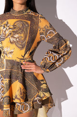 SCARF PRINT HIGH LOW LONG SLEEVE DRESS