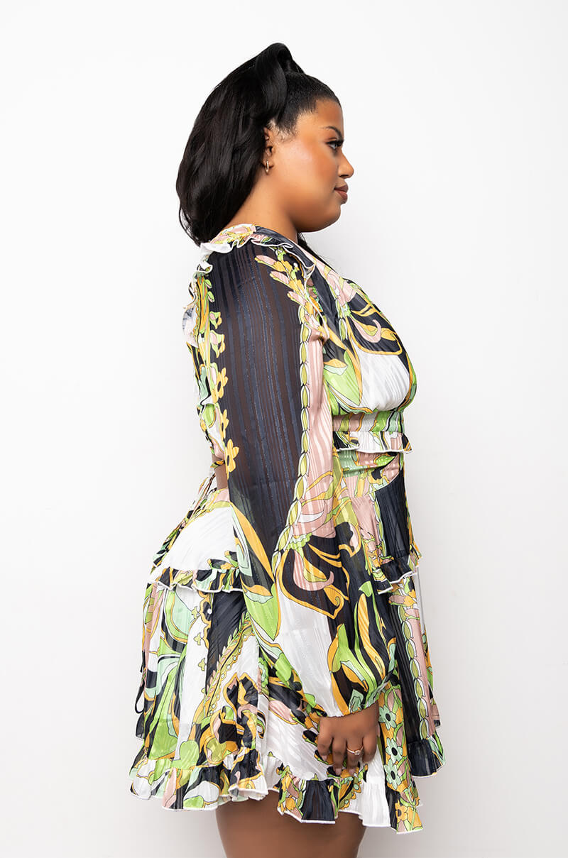 SCARF PRINT LACE BACK DRESS