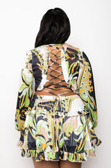 SCARF PRINT LACE BACK DRESS