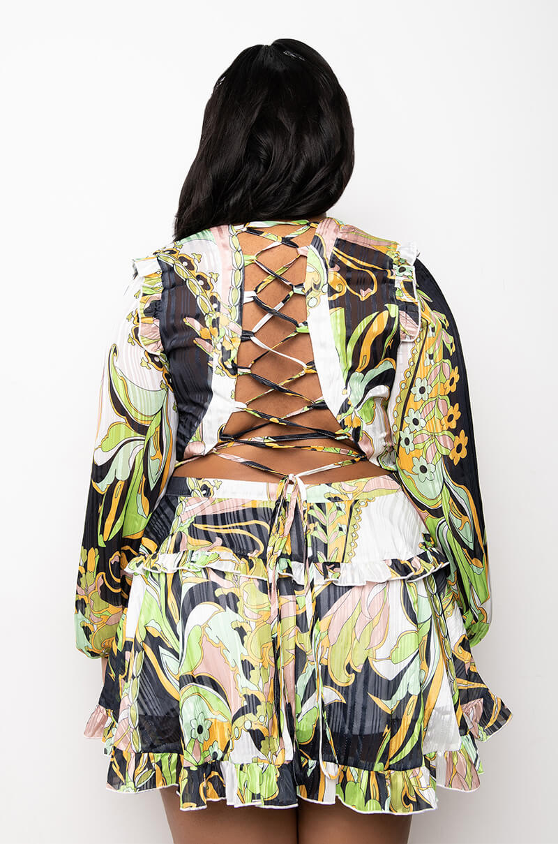 SCARF PRINT LACE BACK DRESS