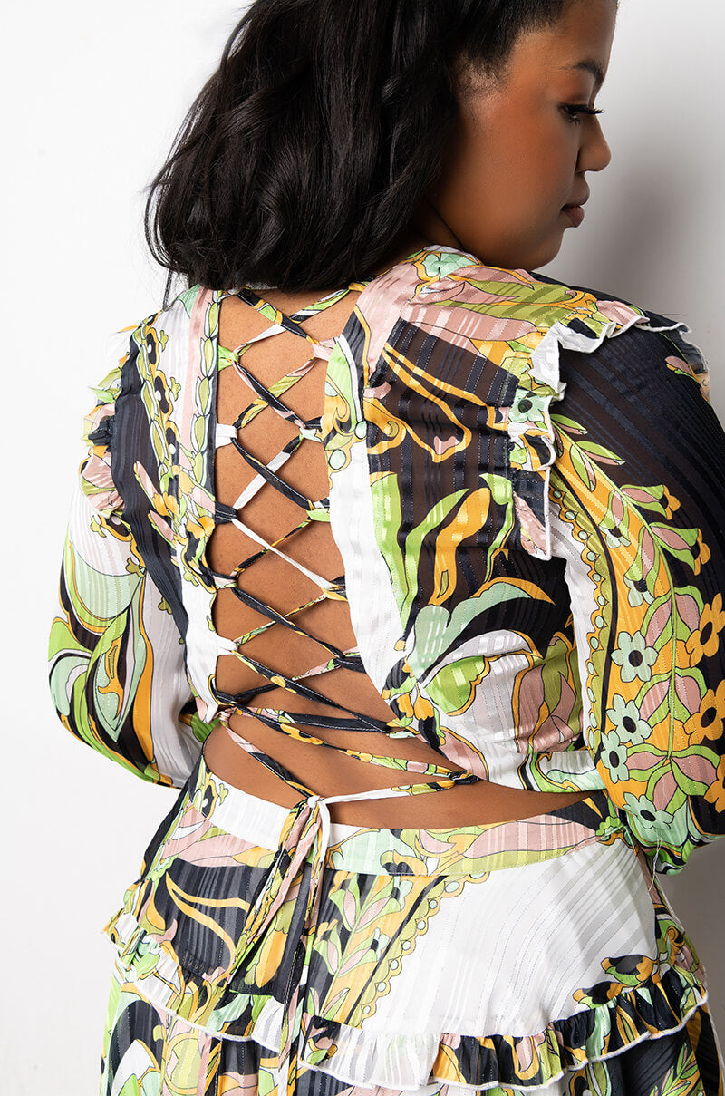 SCARF PRINT LACE BACK DRESS