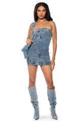 SEEING DOUBLE STRAPLESS DENIM MINI DRESS