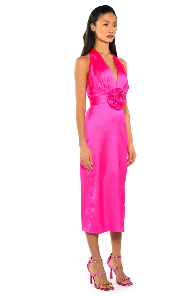 SERENDIPITY SATIN HALTER NECK MIDI DRESS