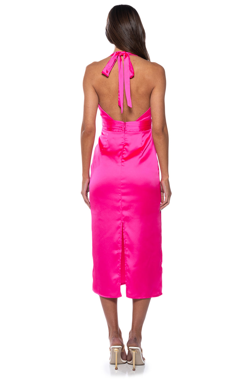 SERENDIPITY SATIN HALTER NECK MIDI DRESS