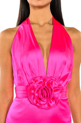 SERENDIPITY SATIN HALTER NECK MIDI DRESS