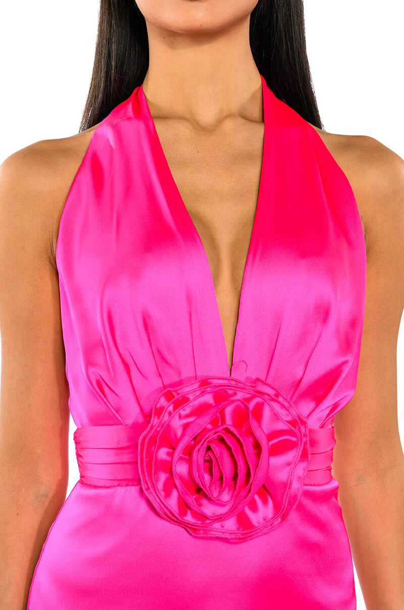 SERENDIPITY SATIN HALTER NECK MIDI DRESS