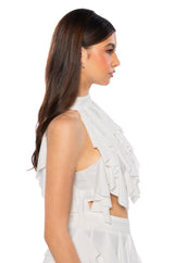 SERENITY RUFFLED HALTER NECK TOP IN WHITE