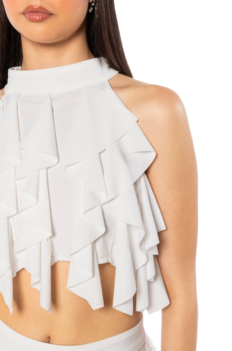 SERENITY RUFFLED HALTER NECK TOP IN WHITE