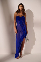 SHAKE IT SLEEVELESS RUFFLE MESH HIGH LOW MINI DRESS IN BLUE