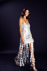 SHE IS THE MOMENT STRAPLESS RHINESTONE DISC MAXI DRESS