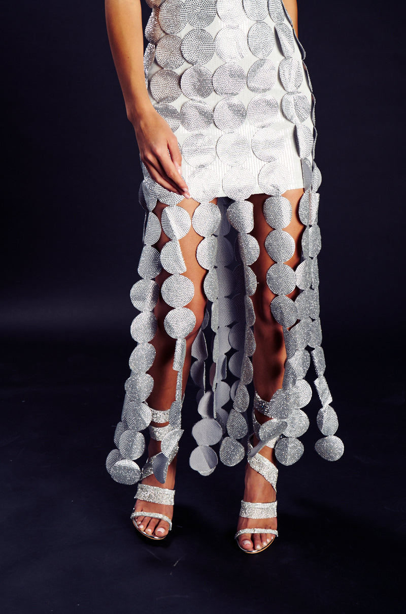 SHE IS THE MOMENT STRAPLESS RHINESTONE DISC MAXI DRESS
