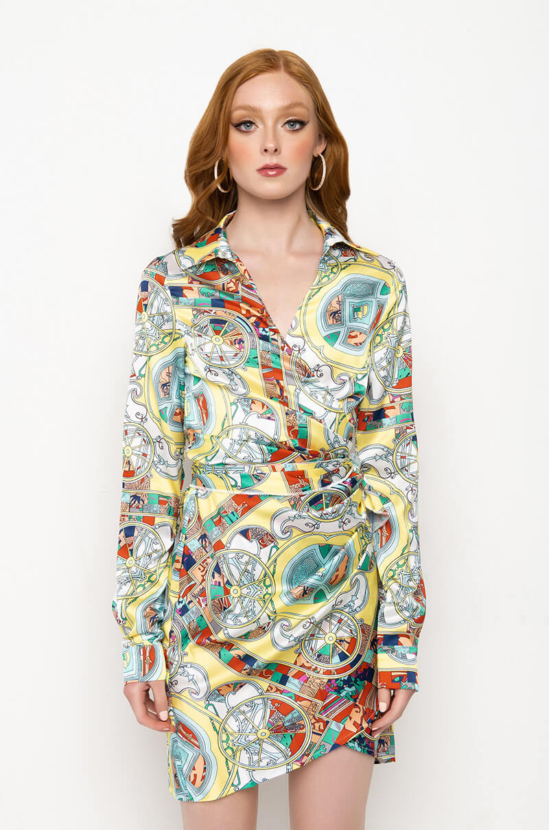 SHE'S A PAINTING SCARF PRINT WRAP DRESS