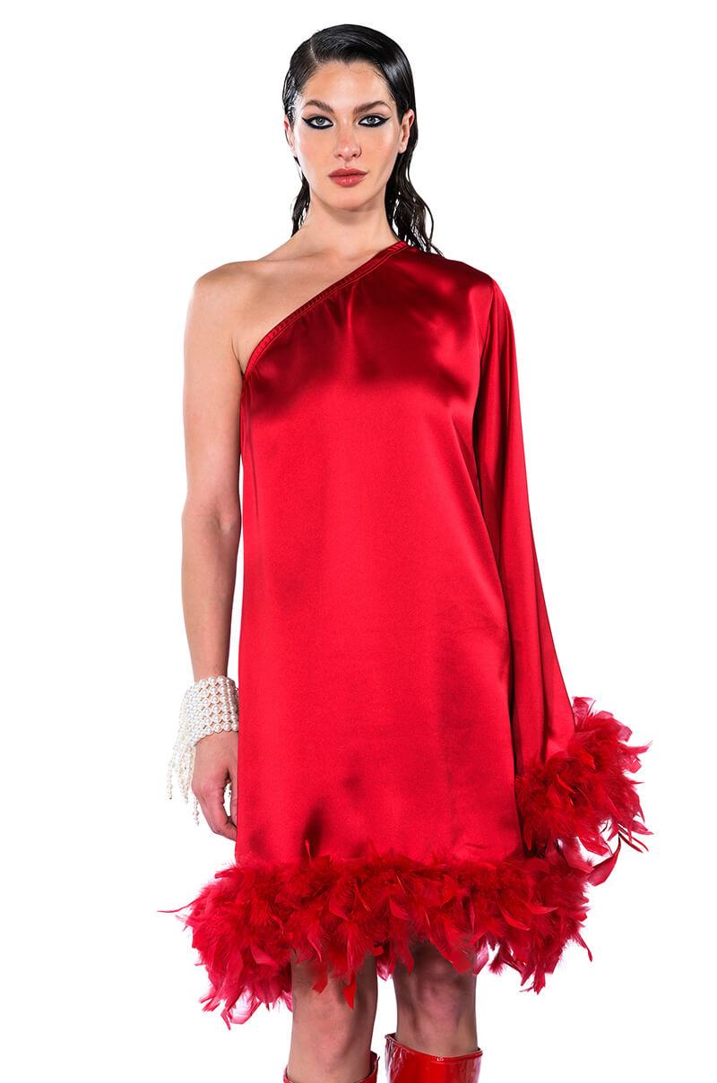 JOSIE ONE SLEEVE FEATHER MINI DRESS