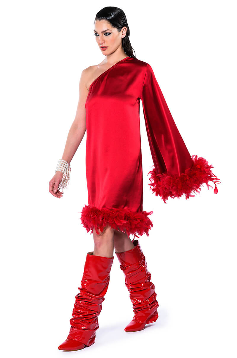 JOSIE ONE SLEEVE FEATHER MINI DRESS
