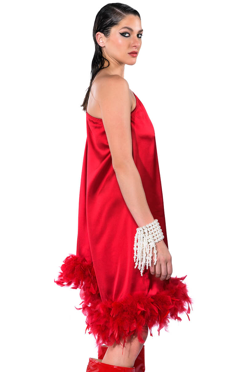 JOSIE ONE SLEEVE FEATHER MINI DRESS