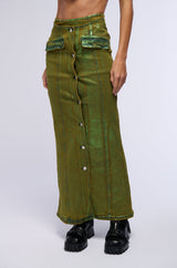 SHES GLOWING METALLIC DENIM MAXI SKIRT