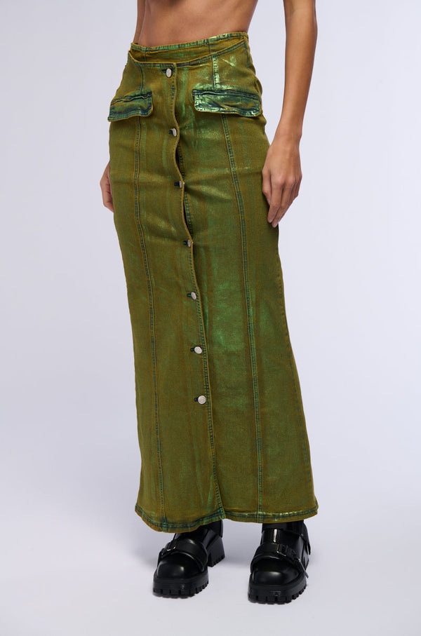 SHES GLOWING METALLIC DENIM MAXI SKIRT