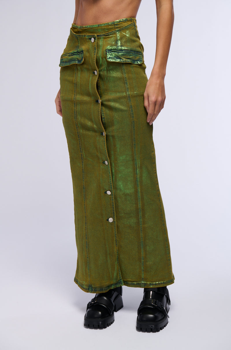 SHES GLOWING METALLIC DENIM MAXI SKIRT