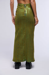 SHES GLOWING METALLIC DENIM MAXI SKIRT
