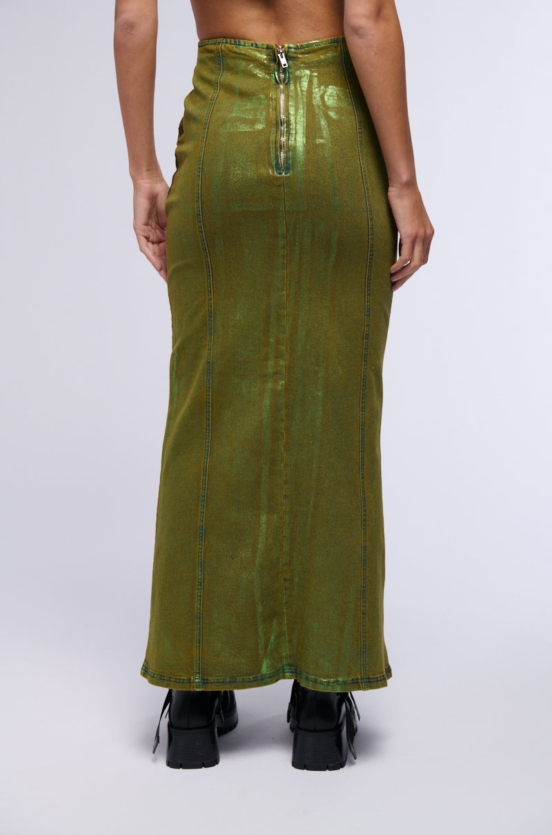 SHES GLOWING METALLIC DENIM MAXI SKIRT