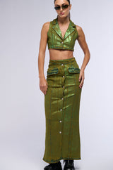 SHES GLOWING METALLIC DENIM MAXI SKIRT