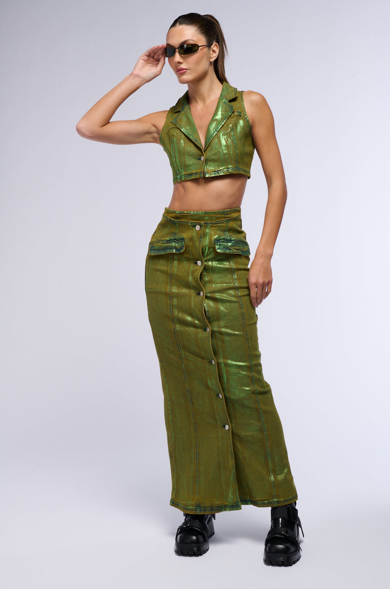 SHES GLOWING METALLIC DENIM MAXI SKIRT