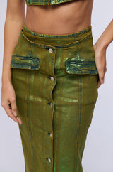 SHES GLOWING METALLIC DENIM MAXI SKIRT