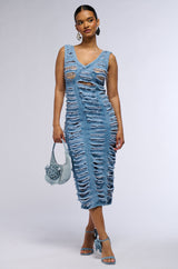 SHE'S GOT IT SHREDDED DENIM MIDI DRESS
