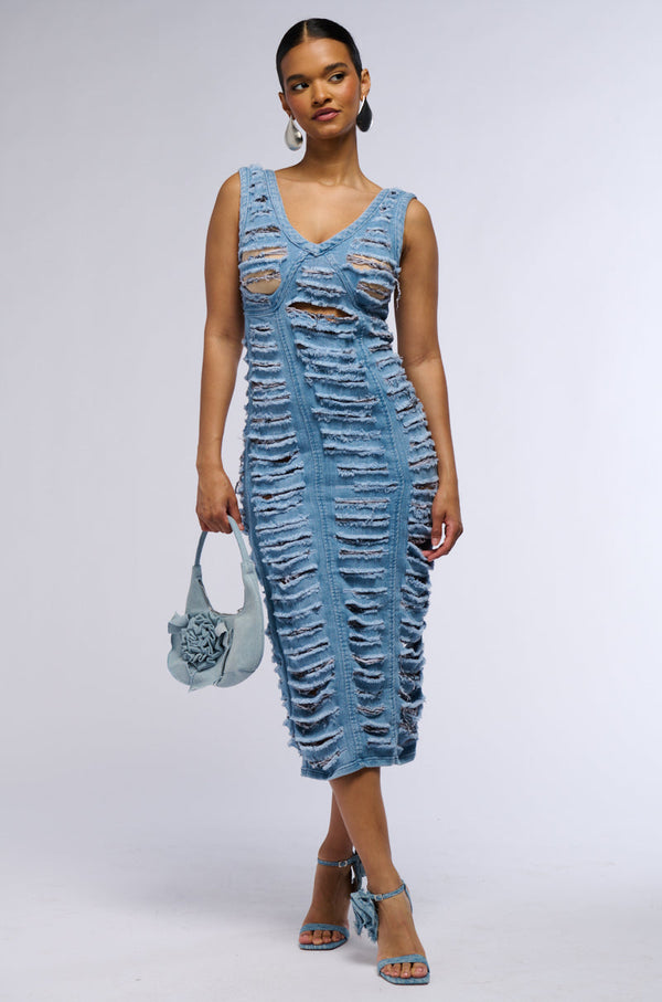 SHE'S GOT IT SHREDDED DENIM MIDI DRESS