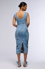 SHE'S GOT IT SHREDDED DENIM MIDI DRESS