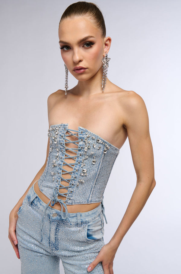 SHINE ON ME DENIM CORSET WITH RHINESTONE