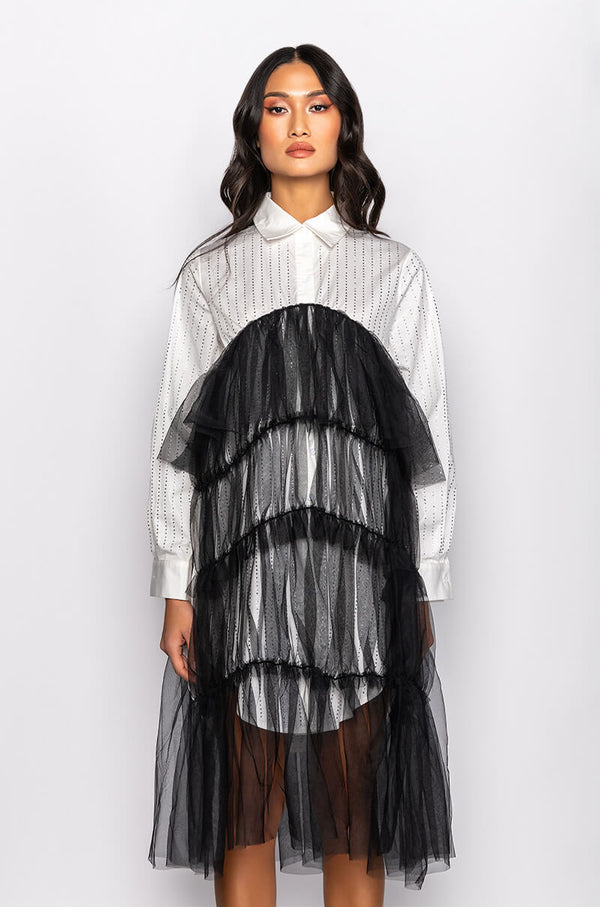 SHINE ON TULLE SHIRT DRESS WITH RHINESTONE PIN STRIPE