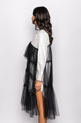 SHINE ON TULLE SHIRT DRESS WITH RHINESTONE PIN STRIPE
