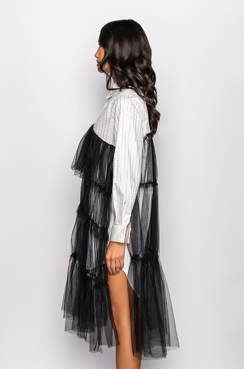 SHINE ON TULLE SHIRT DRESS WITH RHINESTONE PIN STRIPE
