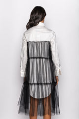 SHINE ON TULLE SHIRT DRESS WITH RHINESTONE PIN STRIPE