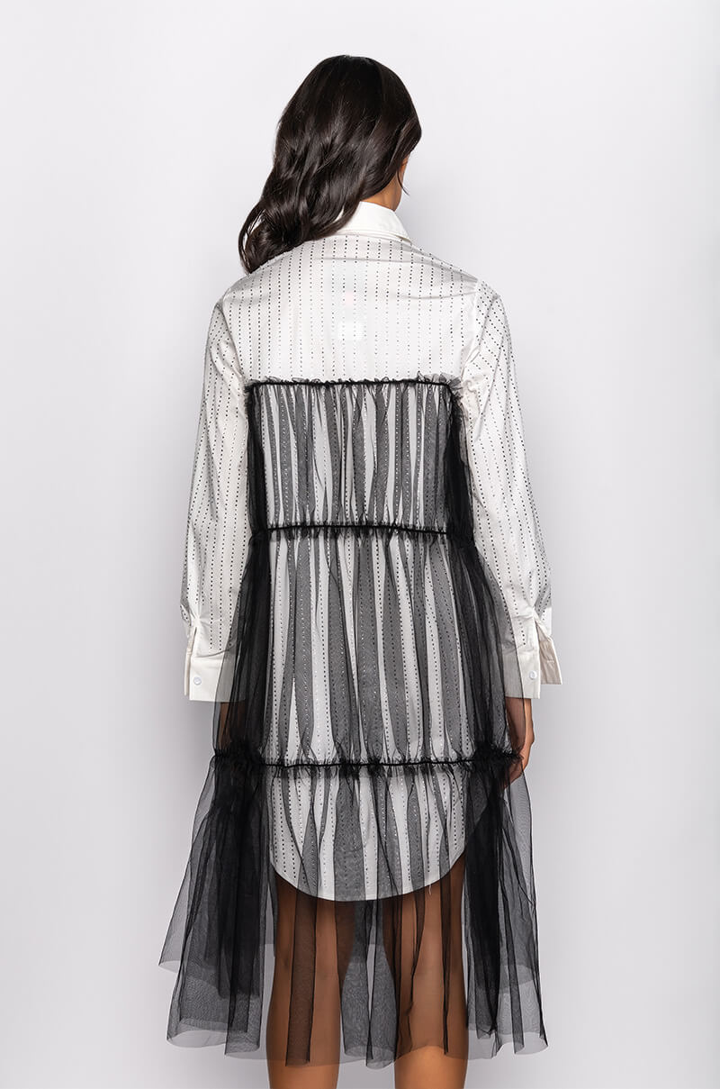 SHINE ON TULLE SHIRT DRESS WITH RHINESTONE PIN STRIPE